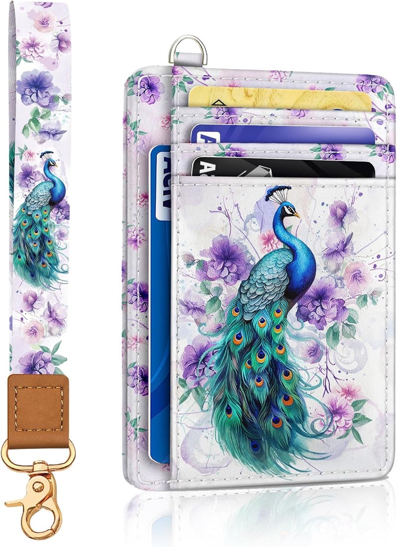 Yonlevres Peacock Credit Card Holder Slim Wallet, RFID Wallet Women Front Pocket Wristlet Lanyard, Small Card Holder Travel Funny Cute Thin ID Window PU Leather Case Organizer Gifts Girls - Image 1